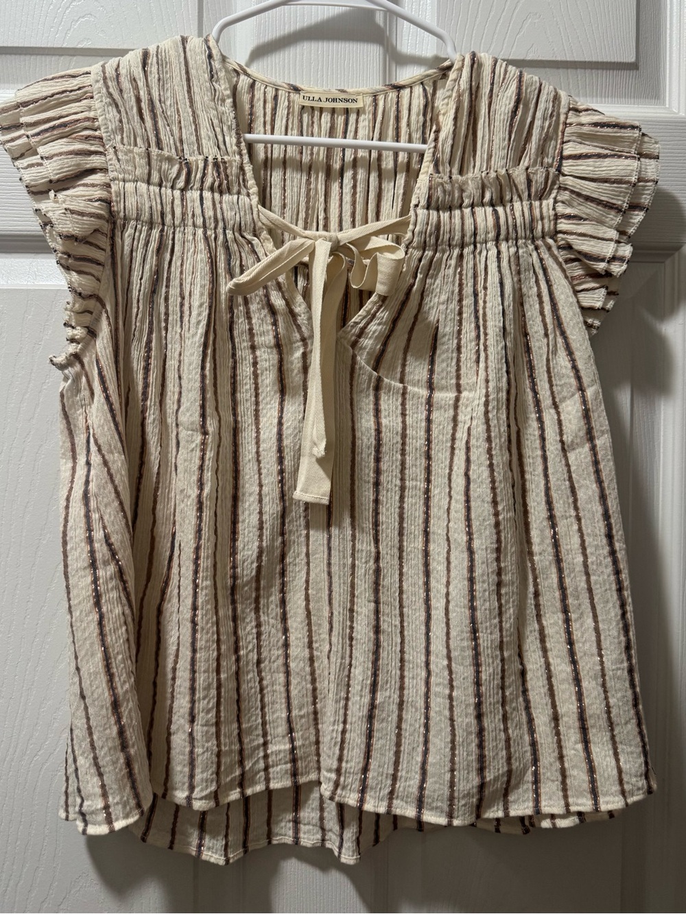 Ulla Johnson Cream Top with Brown Stripes and Tie Neck